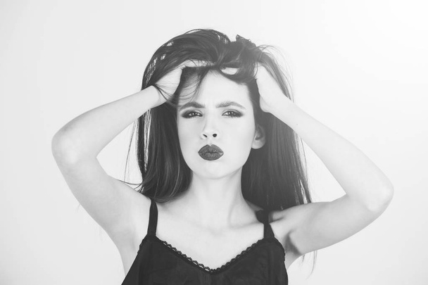 woman with black lips in dress has fashion makeup - 写真・画像