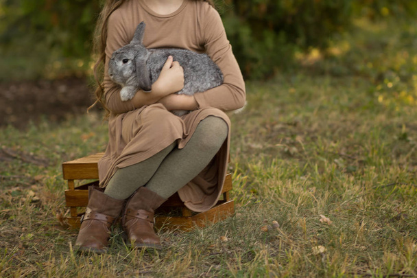 a gray rabbit is sleeping in the arms of a girl sitting on the grass.a gray rabbit is sleeping with a girl in her arms, sitting on a grass. brown hair and a brown dress. - Фото, зображення