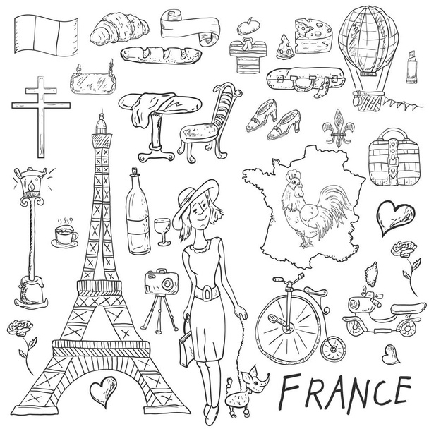 ベクトル等高線図、ヨーロッパ、フランス、シンボル、観光の国、図面、印刷デザイン、web デザインの一連の旅をテーマに、落書きのスタイルやカラーリング - ベクター画像