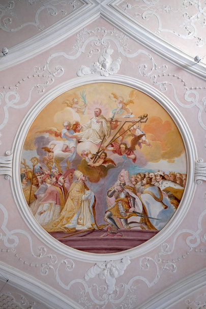 Plafond fresco's met scènes uit het leven van St. Bernard van Clairvaux door Johann Adam Remele in Bernard Hall, cisterciënzer abdij van Bronbach in Reicholzheim in de buurt van Wertheim, Duitsland - Foto, afbeelding