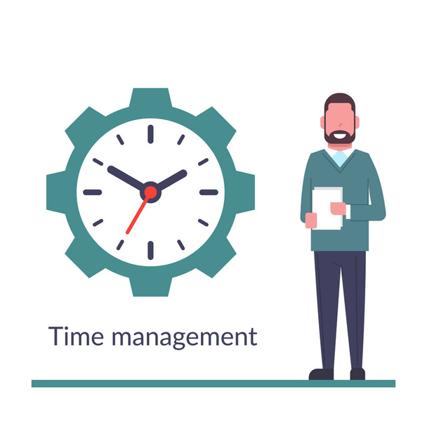 Time management, control. Isolated on background. Businessman stang near huge clock. Organization of process. Cute Happy man have a lot of free time. Vector illustration flat design. - Vector, Image