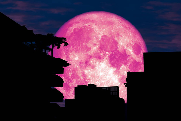 pink moon back silhouette building over tree night red sky, Elements of this image furnished by NASA - Photo, Image