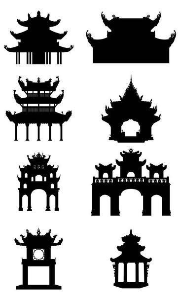 Reihe antiker buddhistischer Tempel.. schwarze Vektorsilhouetten - Vektor, Bild