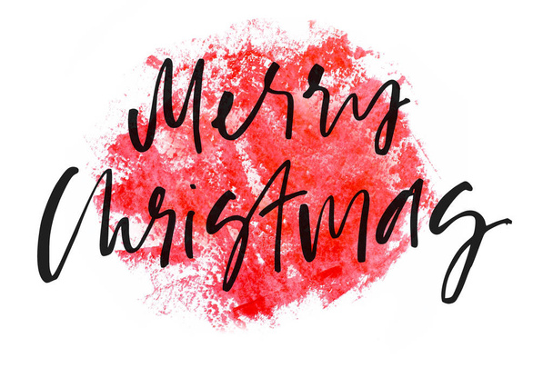 Merry Christmas. Handwritten text. Modern calligraphy. Red watercolor. Isolated on white - Foto, Imagen