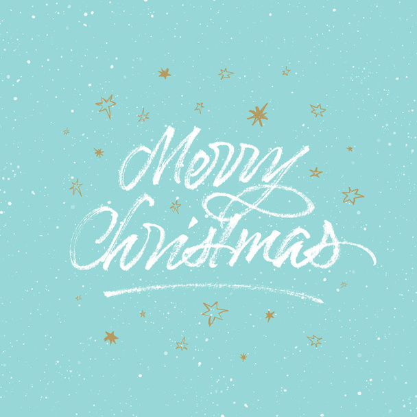 Frohe Weihnachten Pinsel Kalligraphie. Grußkarte mit goldenen Sternen auf hellblau geflecktem Hintergrund. - Vektor, Bild