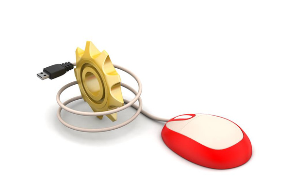 3d cog wheel with computer mouse in white background - Valokuva, kuva