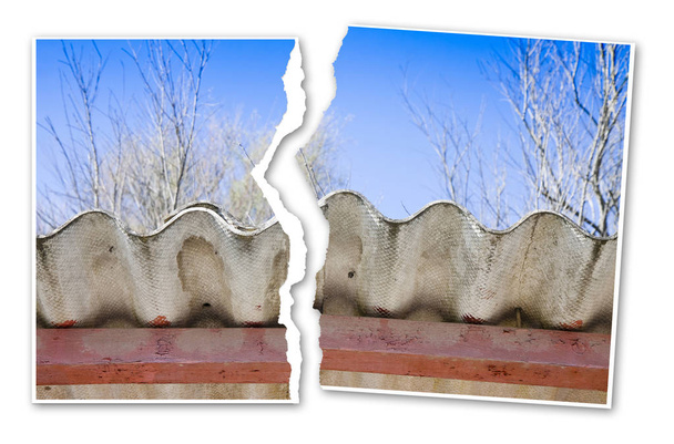 Tehlikeli bir asbest çatının yırtılmış fotoğrafı - konsept görüntü  - Fotoğraf, Görsel