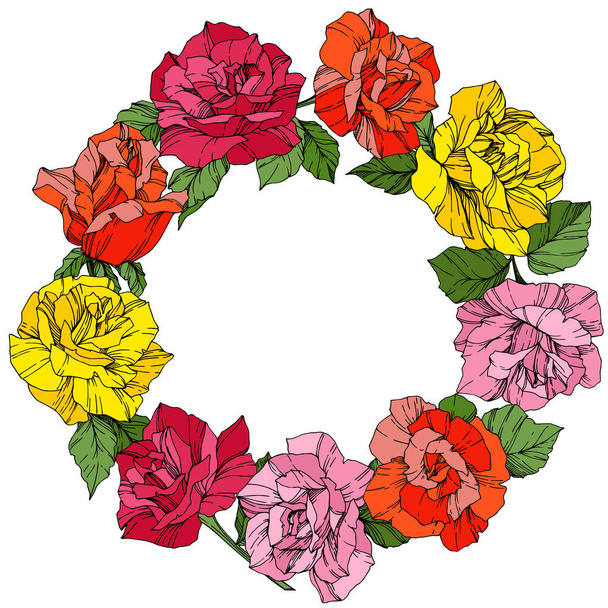 Vector Roses. Floral botanical flowers. Wild spring leaves. Red, pink and yellow engraved ink art. Frame border ornament wreath. - Vector, Image