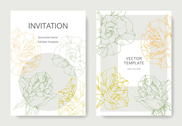 White cards with rose flowers. Wedding cards with floral decorative engraved ink art. Thank you, rsvp, invitation elegant cards illustration graphic set banners.  - Vector, Image