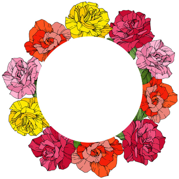 Vector Roses. Floral botanical flowers. Wild spring leaves. Red, pink and yellow engraved ink art. Frame border ornament wreath. - Vector, Image