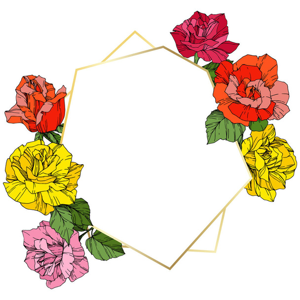Vector Roses. Floral botanical flowers. Orange, pink and yellow engraved ink art. Frame golden crystal. Geometric polygon crystal shape. - Vector, Image