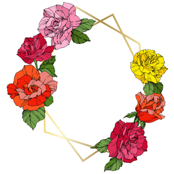 Διάνυσμα τριαντάφυλλα. Πορτοκαλί, ροζ και κίτρινο χαραγμένο μελάνι τέχνης. Κρυστάλλινη κορνίζα Χρυσή. Γεωμετρική πολυγωνικό σχήμα κρυστάλλου. - Διάνυσμα, εικόνα