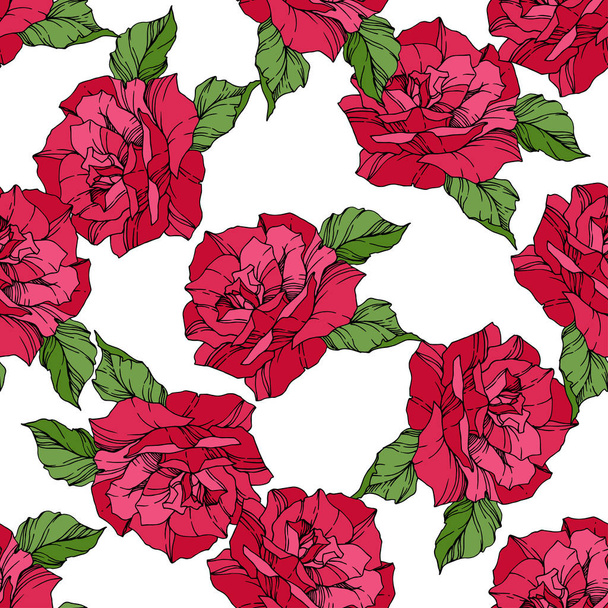 Beautiful vector roses. Wild spring leaves. Red color engraved ink art. Seamless background pattern. Fabric wallpaper print texture. - Vector, Image
