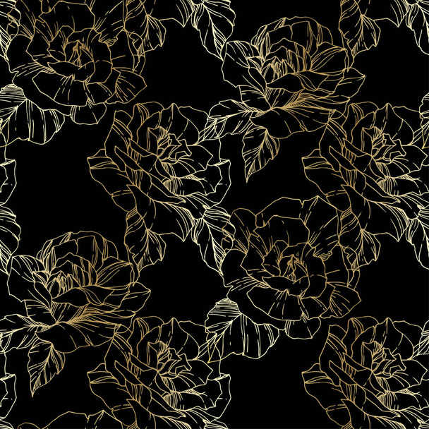 Beautiful vector roses. Golden engraved ink art. Seamless background pattern. Fabric wallpaper print texture. - Vector, Image