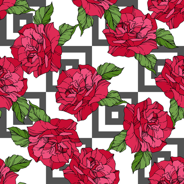 Beautiful vector roses. Red color engraved ink art. Seamless background pattern. Fabric wallpaper print texture. - Vector, Image