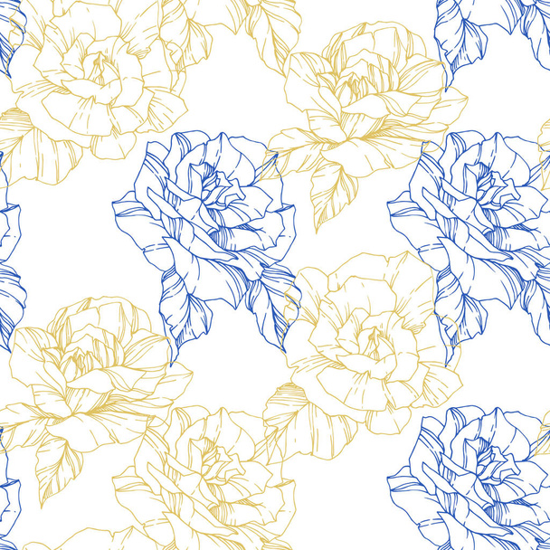 Beautiful vector roses. Golden and blue color engraved ink art. Seamless background pattern. Fabric wallpaper print texture. - Vector, Image