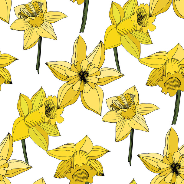 Vector Narcissus flowers. Yellow engraved ink art. Seamless pattern. Fabric wallpaper print texture on white background. - Vector, Image
