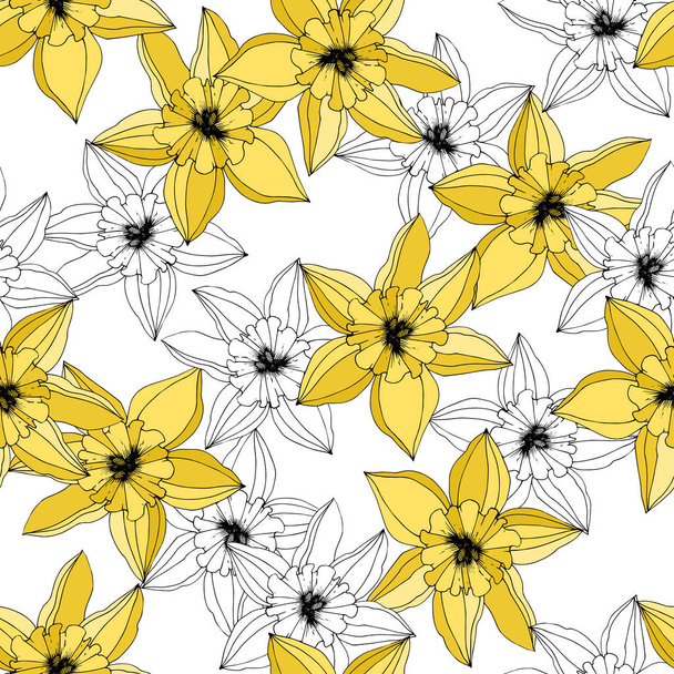 Vector Narcissus flowers. Yellow engraved ink art. Seamless pattern. Fabric wallpaper print texture on white background. - Vector, Image