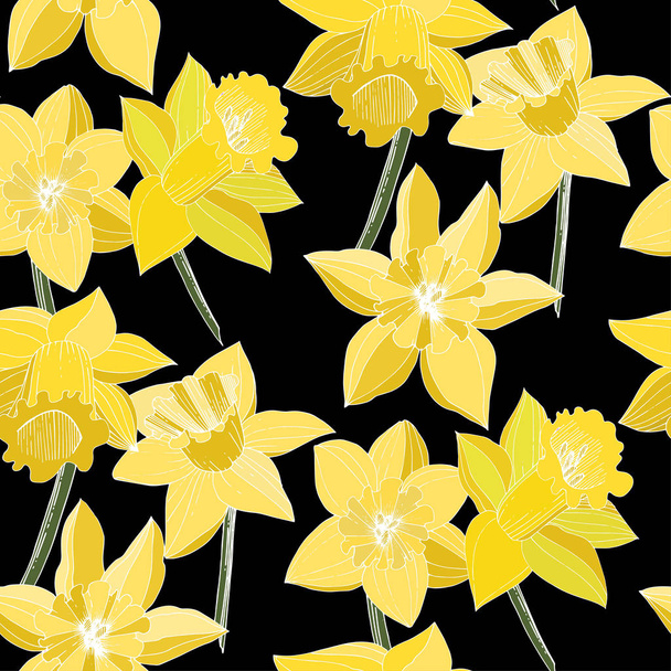 Vector Narcissus flowers. Yellow engraved ink art. Seamless background pattern. Fabric wallpaper print texture on black background. - Vector, Image