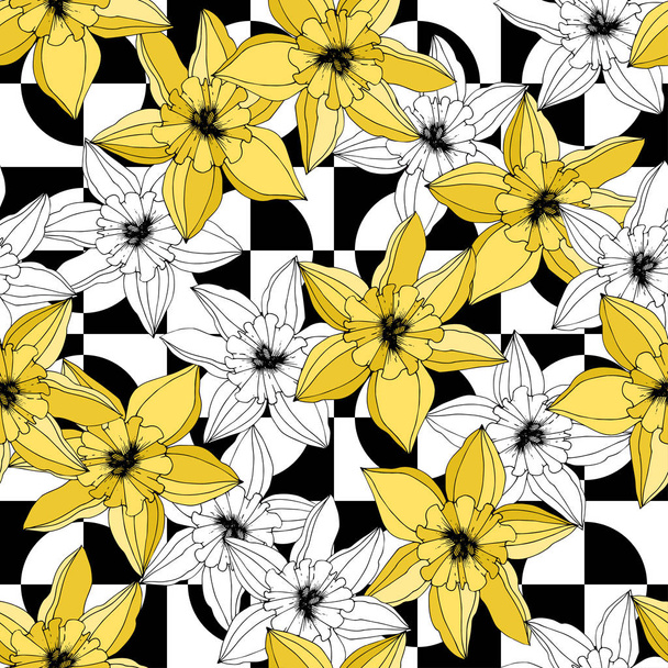 Διάνυσμα λουλούδια του Νάρκισσου. Κίτρινα χαραγμένα μελάνι τέχνης. Χωρίς ραφή πρότυπο. Ταπετσαρία ύφασμα εκτύπωση υφής σε λευκό φόντο. - Διάνυσμα, εικόνα