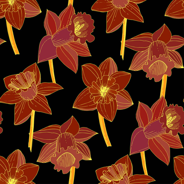 Vector Narcissus flowers. Red engraved ink art. Seamless background pattern. Fabric wallpaper print texture on black background. - Vector, Image