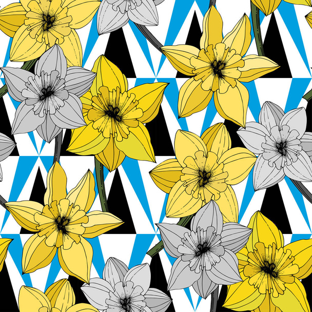 Vector Narcissus flowers. Yellow engraved ink art. Seamless pattern. Fabric wallpaper print texture on white background. - Вектор, зображення