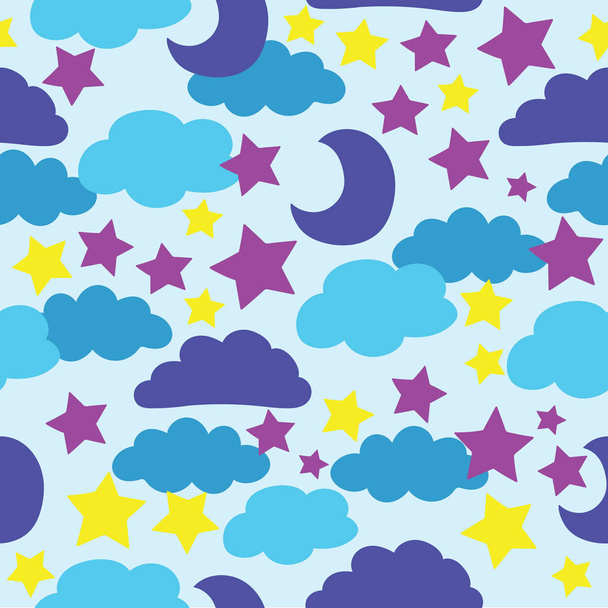 Vektör, mavi, Güneş, ay, yıldız ve bulutlar. Dikişsiz desen arka plan - Vektör, Görsel