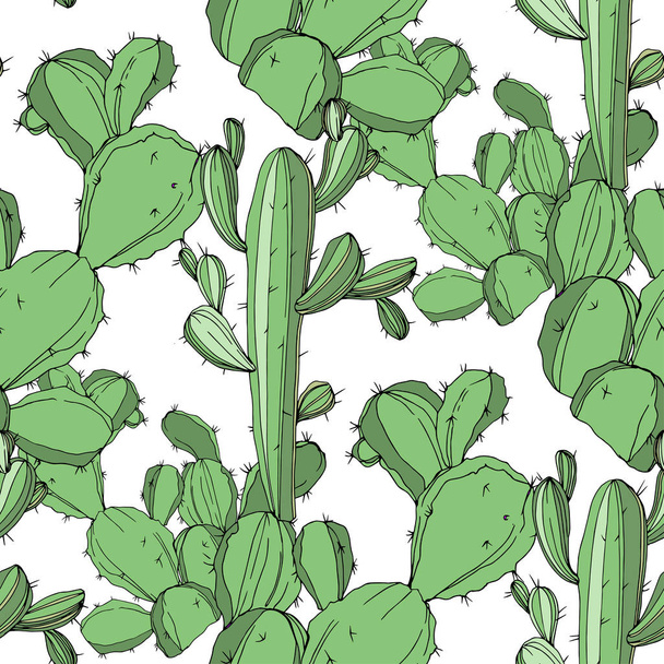 Vektor kaktus. Zelený inkoust ryté umění. Vzor bezešvé pozadí. Fabric tapety tisku textura. - Vektor, obrázek