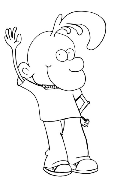 A sketch of a strange young boy gesturing HELLO with his hand and smiling - Cartoon character - Vector - Vector, Image