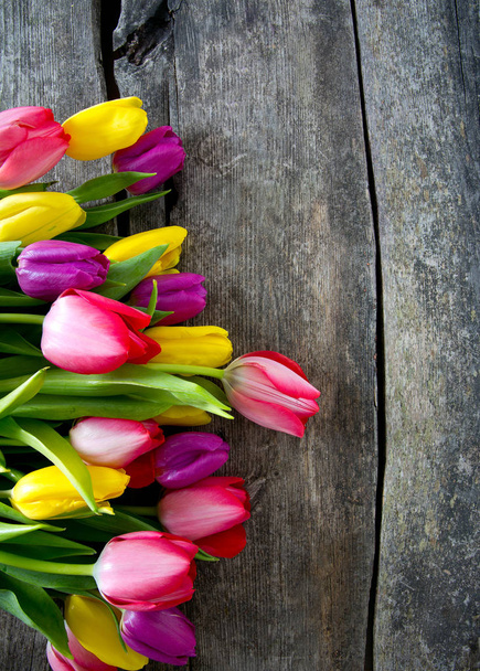 colorful tulips on wooden surface - Foto, imagen