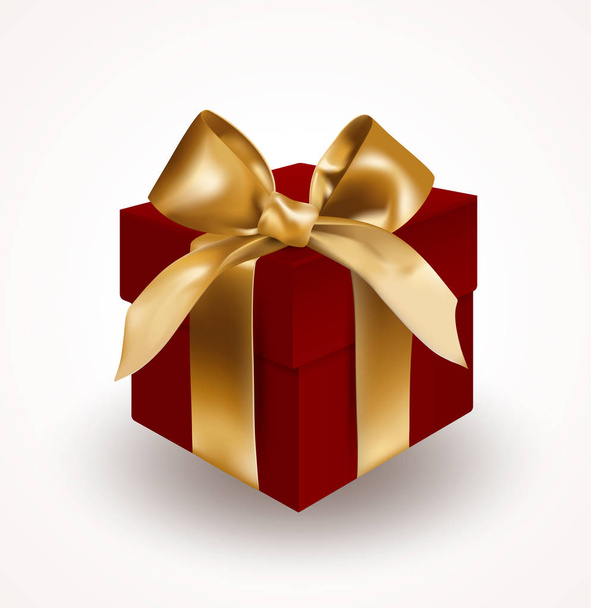 Piros ajándék doboz arany elegáns íj és csomóját bekötve. Object elszigetelt fehér background. Reális vektoros illusztráció - Vektor, kép