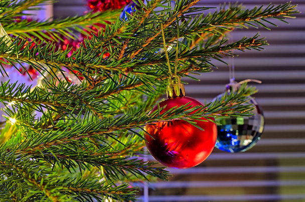 Λαμπερή αντανακλαστική χριστουγεννιάτικη διακόσμηση στο χριστουγεννιάτικο δέντρο. - Φωτογραφία, εικόνα