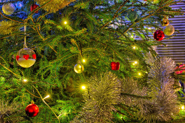 Red, green and golden colors of Christmas. Shiny decorations on a christmas tree. - Photo, Image