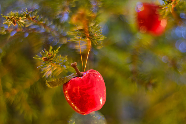 Красное яблоко в форме украшения висит на рождественской елке. - Фото, изображение