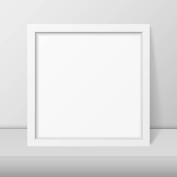 Vector 3d Realistic Modern Interior White Blank Vertical Square Wooden Poster Picture Frame on Table, Shelf Closeup on White Wall, Mock-up. Empty Poster Frame Design Template for Mockup, Presentation - Vetor, Imagem