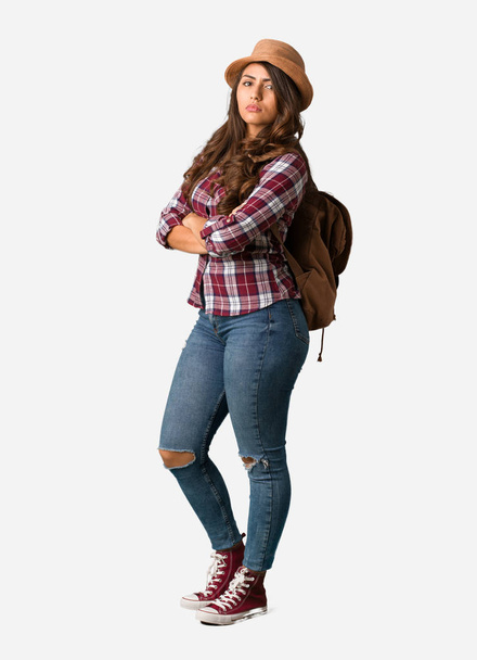 Full body young traveler curvy woman looking straight ahead - Photo, Image