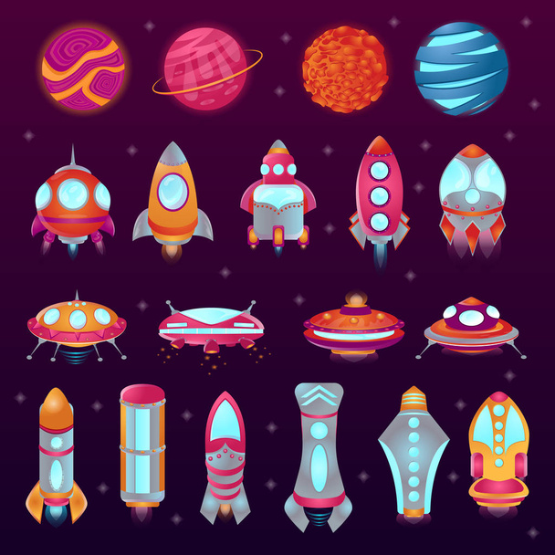 Uzay renkli karikatür simgeler kümesi. Gezegenler, roketler, ufo, uçan daireler. - Vektör, Görsel