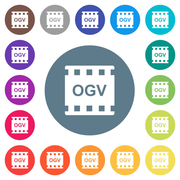 OGV film formaat platte witte pictogrammen op ronde gekleurde achtergrond. 17 achtergrond kleurvariaties zijn opgenomen. - Vector, afbeelding