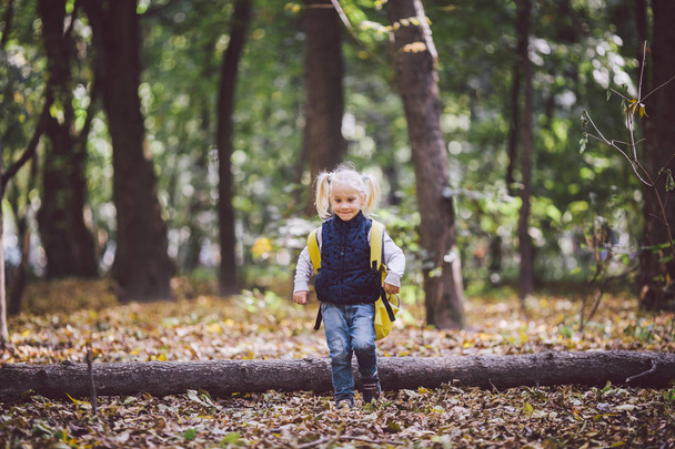 The theme children outdoor activities. Funny little baby Caucasian blond girl walks through forest overcoming obstacles, tree fell, log. Baby hiking big funny backpack in autumn forest park - Photo, Image
