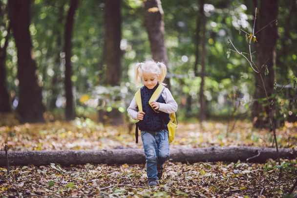 The theme children outdoor activities. Funny little baby Caucasian blond girl walks through forest overcoming obstacles, tree fell, log. Baby hiking big funny backpack in autumn forest park - Photo, Image