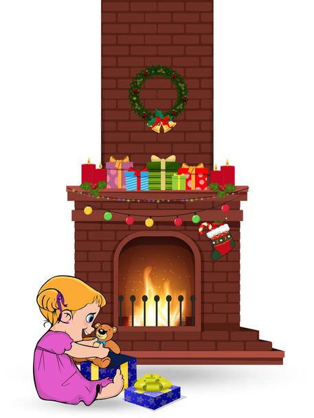 Cute little kawaii baby girl character open gift sitting near decorated christmas fire place with many presents isolated on white background. Vector clip art, element for greeting card design - Vector, Image