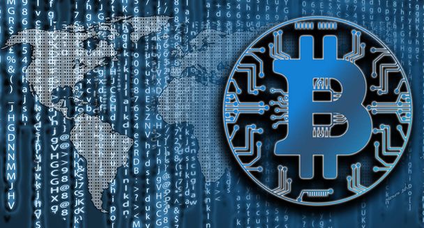 Bitcoin auf Matrixcode-Hintergrund mit Weltkarte. Digitales Geldregen, Criyptpcurency-Konzept - Foto, Bild
