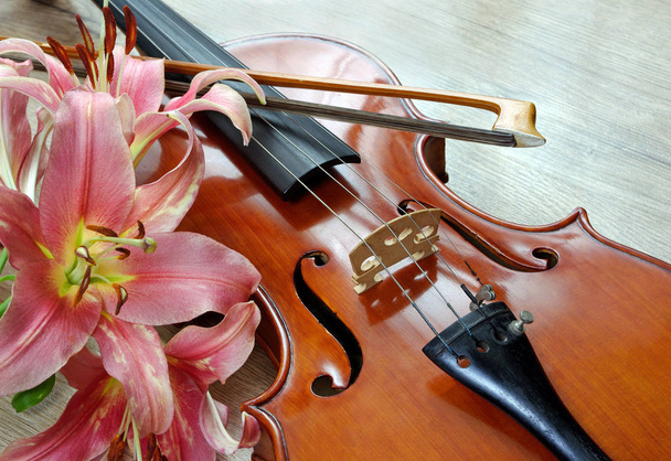 housle a lily na dřevěné pozadí - Fotografie, Obrázek