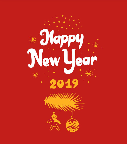 New year 2019 lettering designs. Vector white and yellow illustrations with stars needles and Christmas toys for posters banners or card on a red background. Calligraphic hand drawn font - Vector, Image