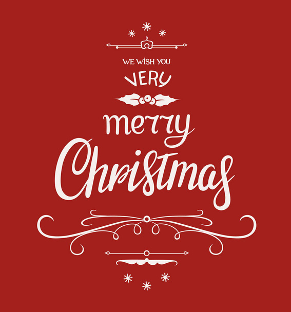 Merry Christmas greeting card with white lettering. Typographical background for Christmas card or sticker. Vector letters on a dark red background. Calligraphic hand drawn font composition - Vector, Image