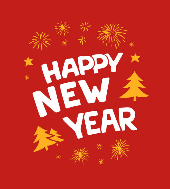 New year lettering designs. Vector white and yellow illustrations with fireworks stars and Christmas trees for posters banners t-shirt or card on a red background. Hand drawn font - Vector, imagen