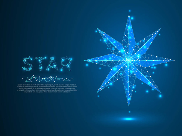 Volumetric star with eight rays. Polygonal space low poly with connecting dots and lines. Star in the sky concept. Connection wireframe structure. Vector on dark blue background - Vector, Image