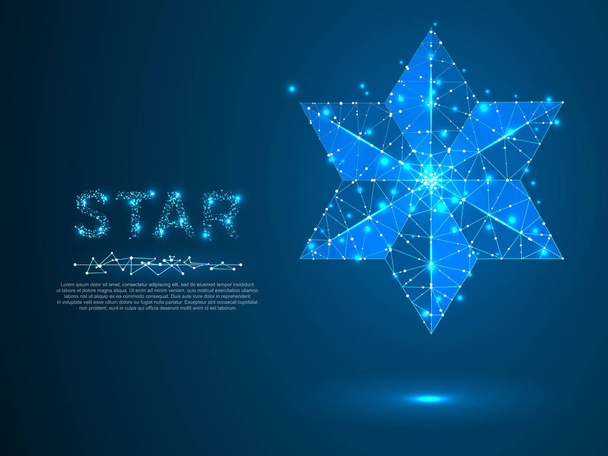Big, bold Volumetric star with six rays. Polygonal space low poly with connecting dots and lines. Star in the sky concept. Connection wireframe structure. Vector on dark blue background - Vector, Image