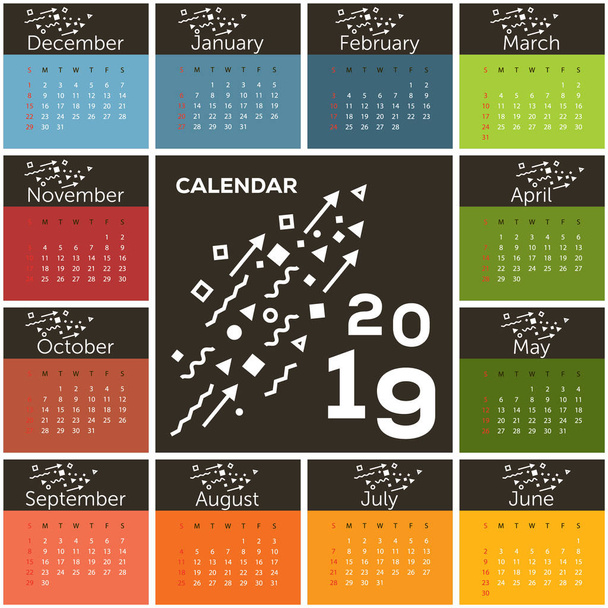 Calendario 2019. Meses aislados de color. Línea mínima arte signos de fondo
 - Vector, imagen