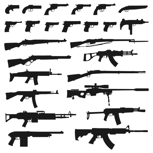 Conjunto vectorial de alta calidad de 25 siluetas de armas aisladas sobre fondo blanco
  - Vector, imagen